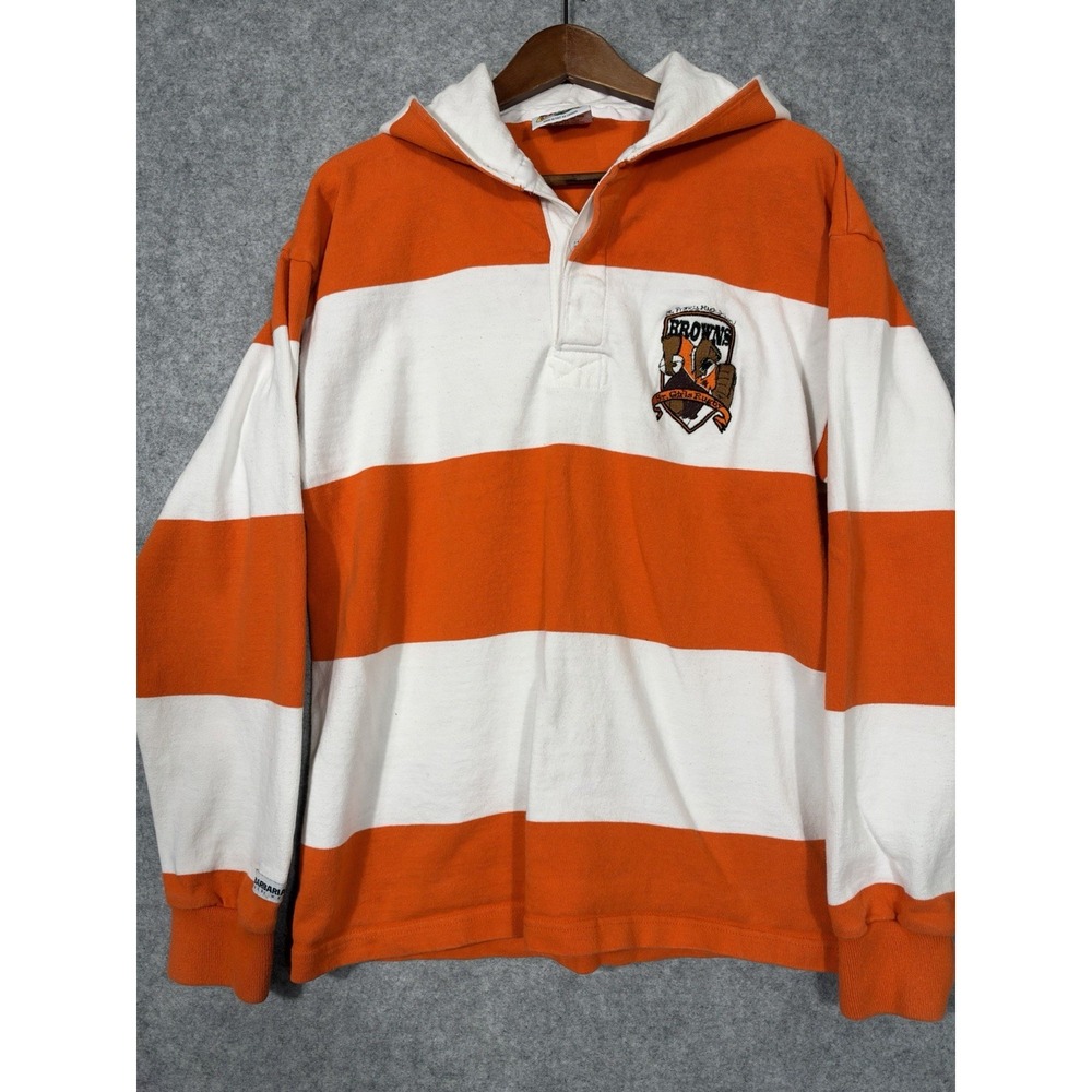 Vintage Barbarian Rugby Shirt Mens Large Hooded Orange White Stripe Canada Made